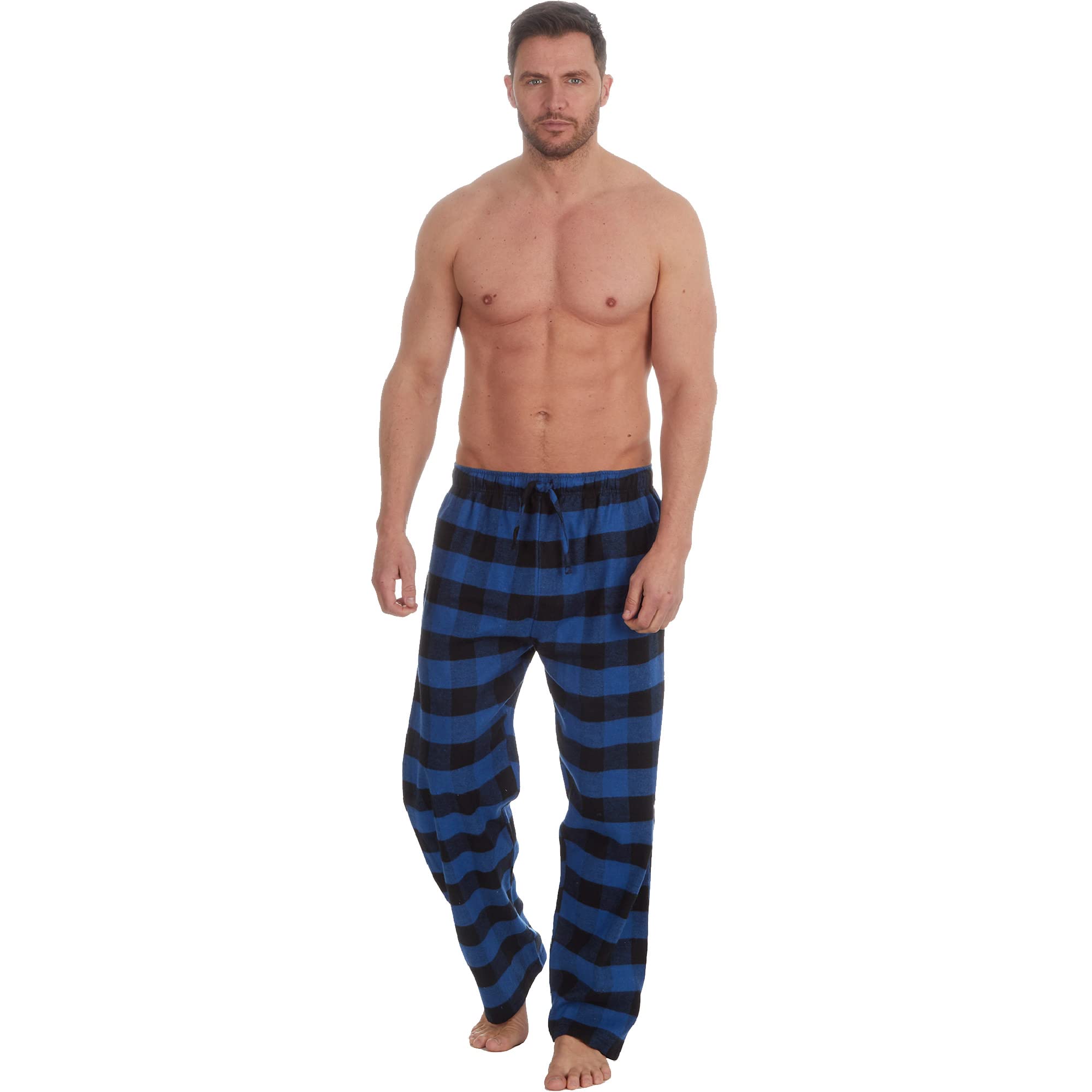 Metzuyan Mens Flannel Lounge Pants Checked 100% Cotton Long Pyjama Bottoms Blue L