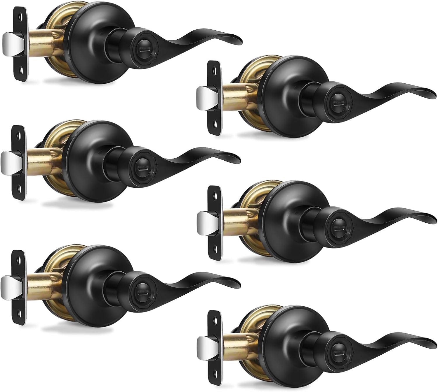 6 Pack Interior Door Knobs Matte Black Privacy Door Handles, Wave Style Reversible Keyless Door Handles,Heavy Duty Door Levers for Bedroom Bathroom Doors 6 Pack Matte Black Finish