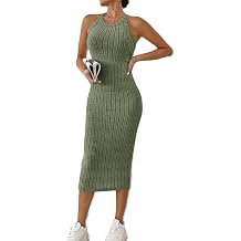 Womens Summer Dress Rib Sleeveless Knit Striped Print Halter Neck Bodycon Mini Dress Wedding Guest Dresses for Women