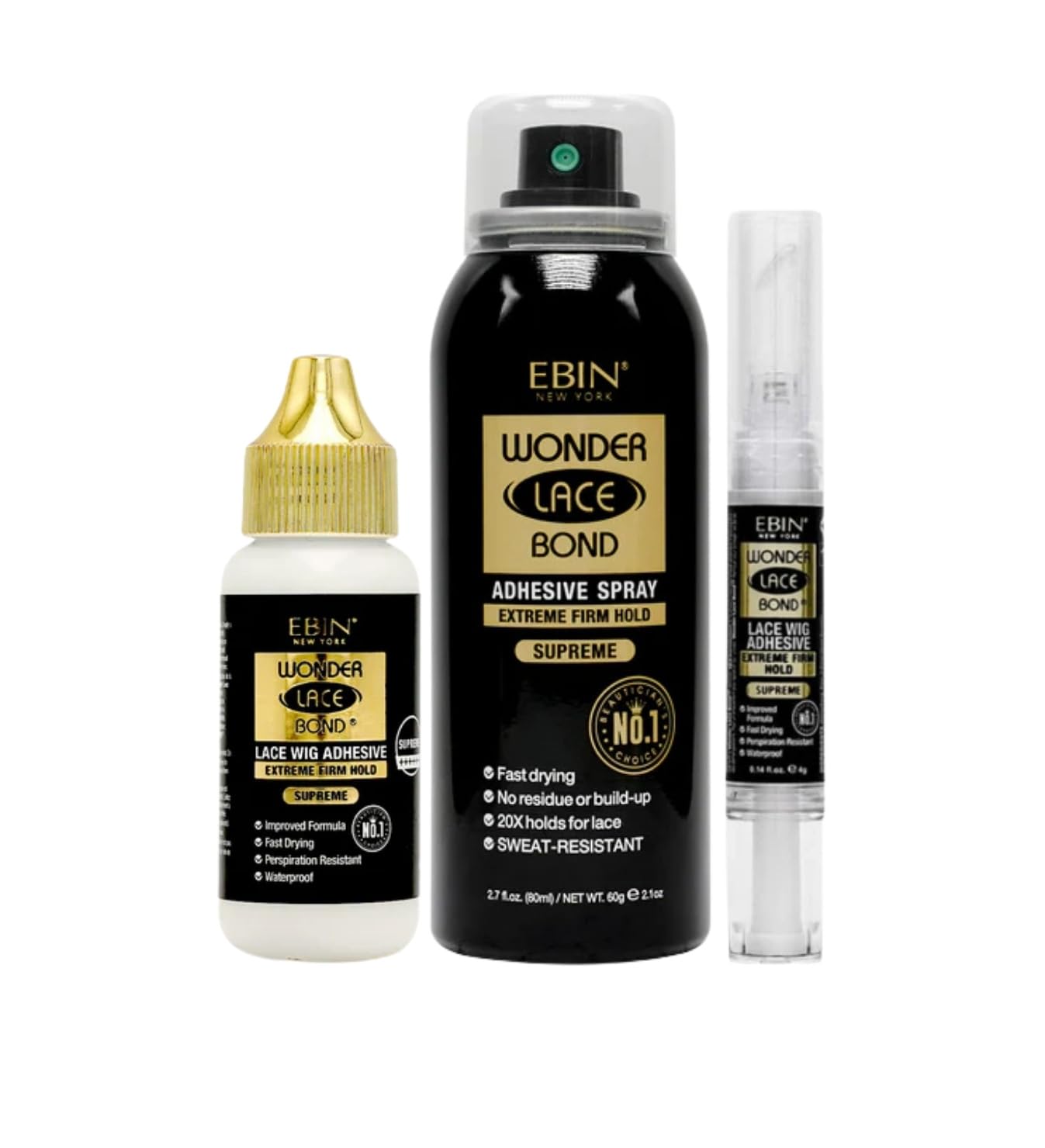 Wig Glue Wonder Lace Bond Adhesive Spray - Supreme Bundle with Waterproof Adhesive & Silicone Pen 4g by EBIN NEW YORK – Extreme Hold Lace Glue & Remover – Secure Wig Application – Gift Set (3 Items)