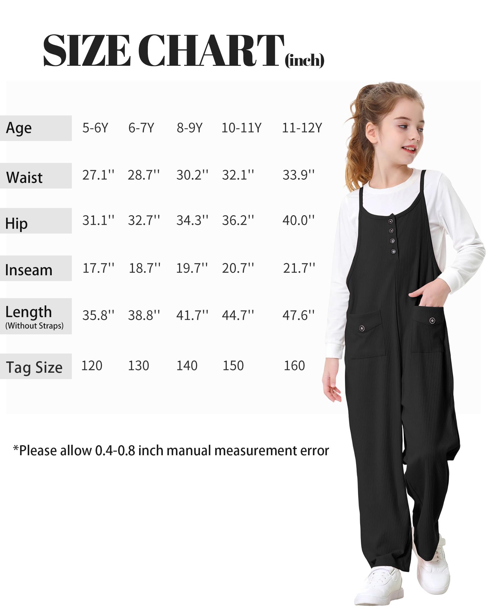 Rolanko Tute da Ragazza Salopette Senza Maniche Cinghie Regolabili Larghe Pagliaccetti Pantaloni Lunghi con Tasche per Bambini