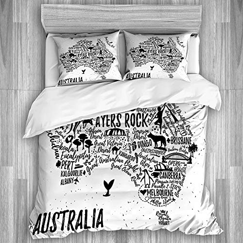 PANILUR Bedding Juego de Funda Edredón，Cartel de tipografía Australia Mapa guía de Viaje，Funda de Nórdico Fundas de Almohada 200x200cm +2（50x80cm）