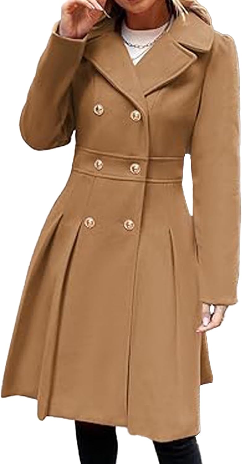 SEMATOMALA Women's Double Breasted A Line Trench Coat Notched Lapel Wool Blend Pea Coats Jacket with Pockets