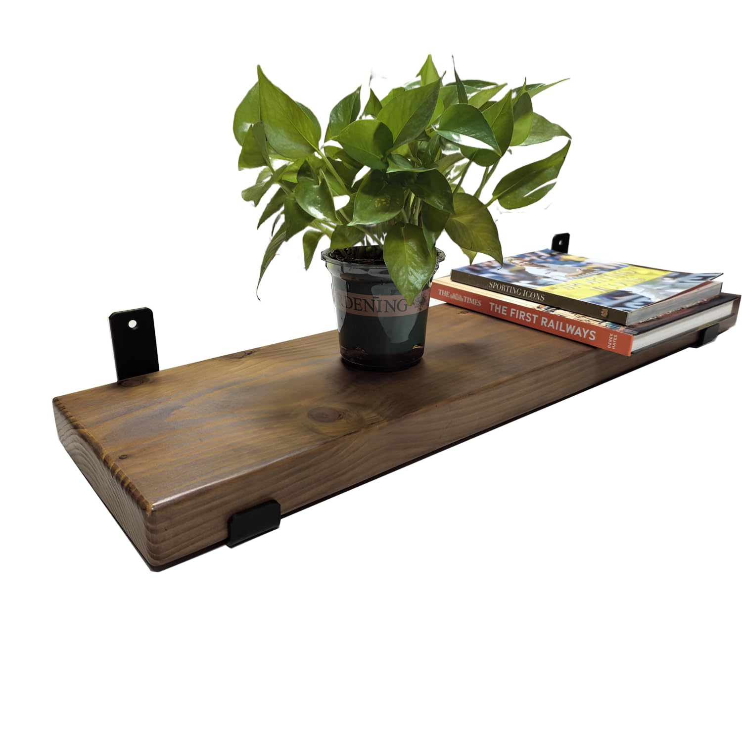 Handcrafted Rustic Heavy Duty Wooden Shelves Wall-Mounted Floating Shelves with Seated Black L Brackets-Dark Brown(120x22.5x4.5cm