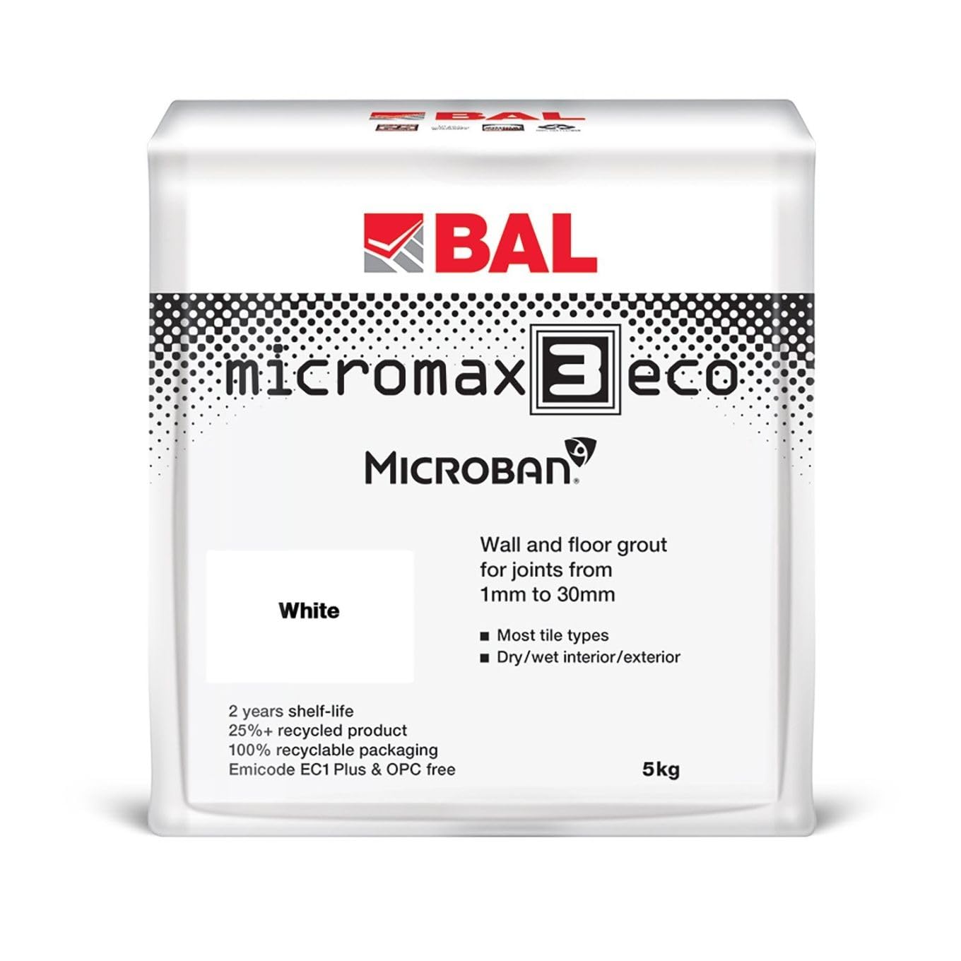 Bal Micromax3 Eco Grout Wall & Floor Grout, Rapid Set, Antimicrobial, Suitable For Interior & Exterior 5KG Bag -White