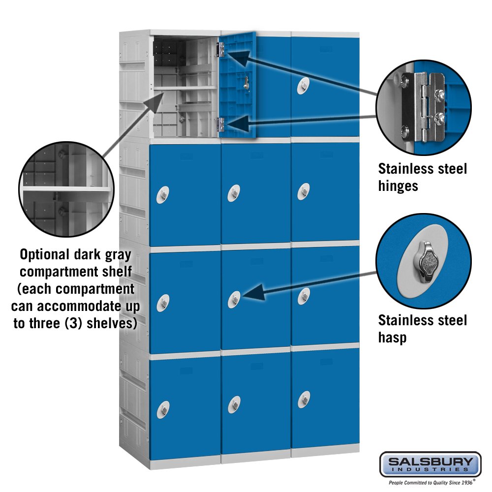 Salsbury Industries Assembled 4-Tier Plastic Locker with Three Wide Storage Units, 738.25-Inch High by 18-Inch Deep, Blue