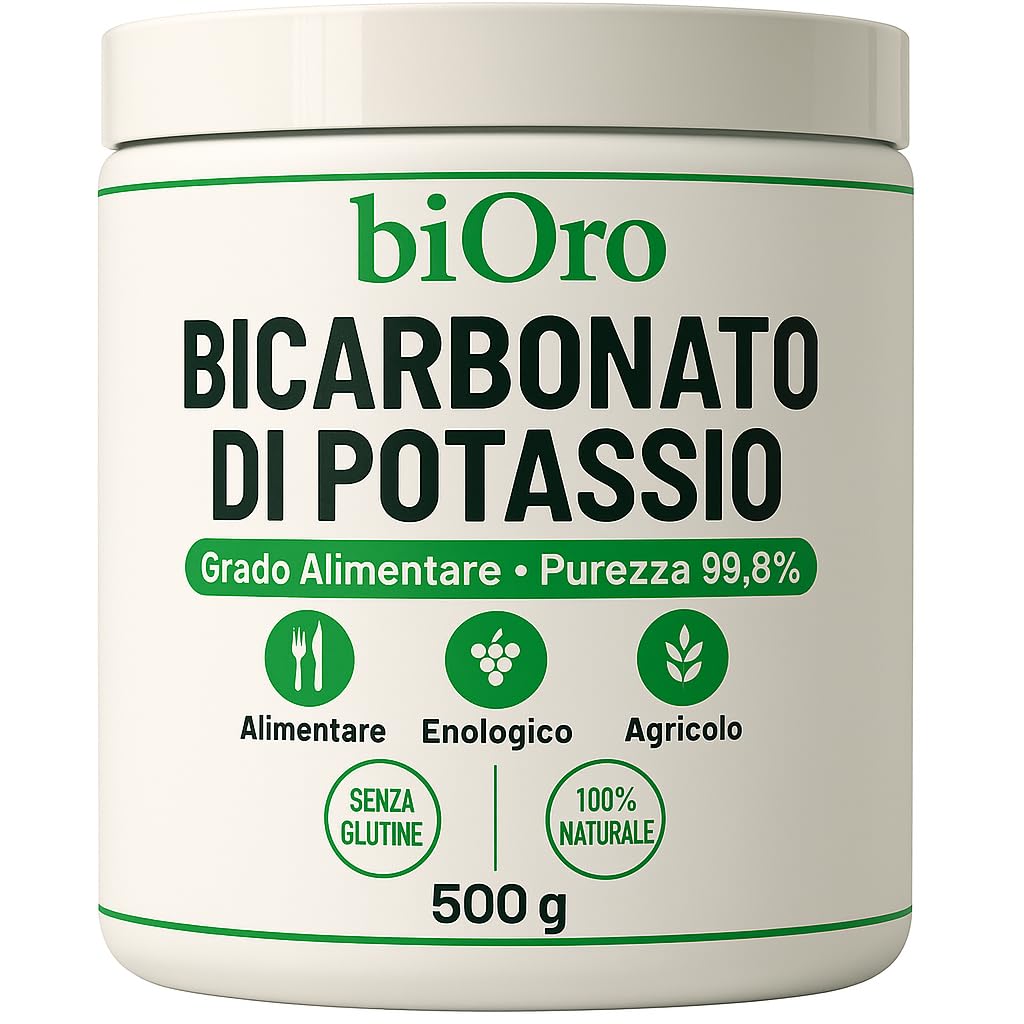 BICARBONATO DI POTASSIO Alimentare biOro 99,8% – 500g – Regolatore Acidità, Antifungino Naturale, Uso Enologico e Agricolo – Grado Alimentare Qualità Premium – Senza Glutine