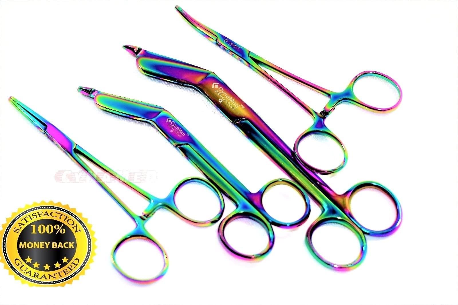4 Lister Bandage Scissors 7.25 Inch Plus 5.5 Inch Plus Hemostat Straight Plus Curved Multi Rainbow Titanium Cynamed