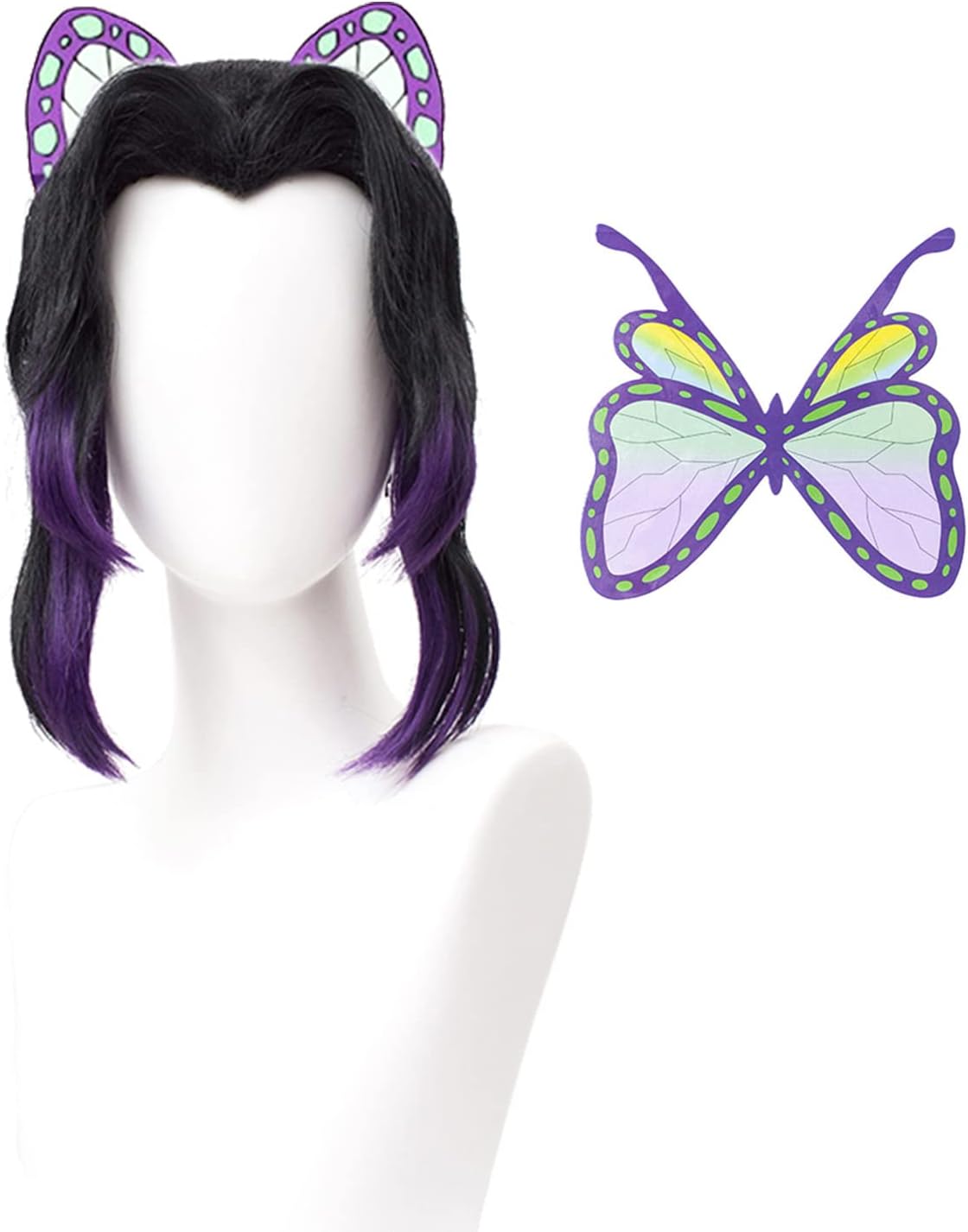 SL Kochou Shinobu Cosplay Wig + Butterfly Hair Clip for DS, Long Black Purple Wig Anime Hair Wigs with Cap for Halloween Costume Party