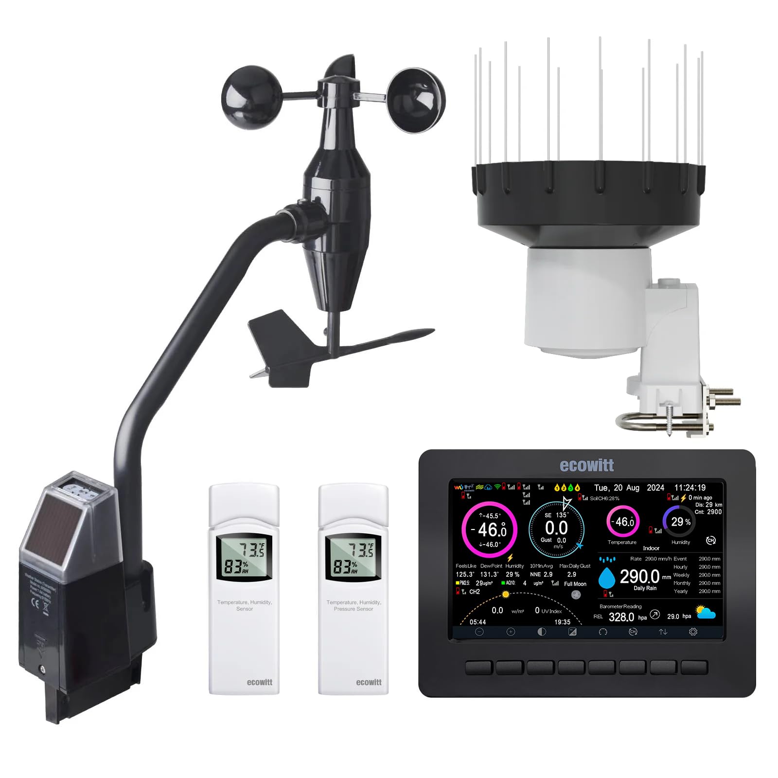 ECOWITT HP2552 stacja pogodowa 7 w 1, czujnik 4 w 1 WS68 + 7-calowa kolorowa konsola TFT Wi-Fi + czujniki temperatury i wilgotności do wewnątrz/na zewnątrz WH32 + deszczomierz WH40H
