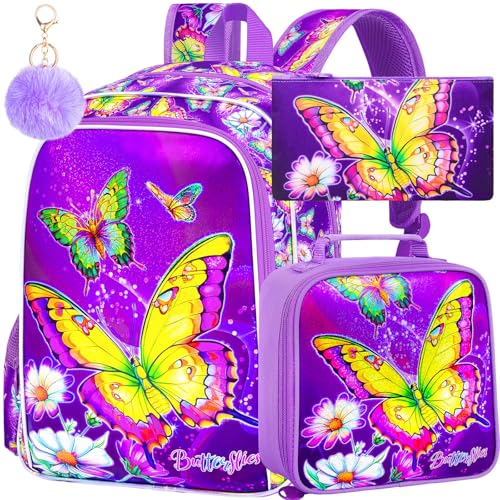 Image of 3Pcs Butterfly Backpack for Girls, 16 inch Kids Bookbag with Lunch Box，School Backpacks for Elementary Preschool Kindergarten (Purple)