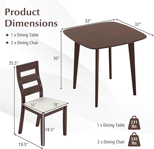 Miniatura 8 de Giantex Juego de mesa de comedor de 3 piezas para 2, mesa de cocina cuadrada de madera y 2 sillas con asiento acolchado, respaldo de escalera, juego
