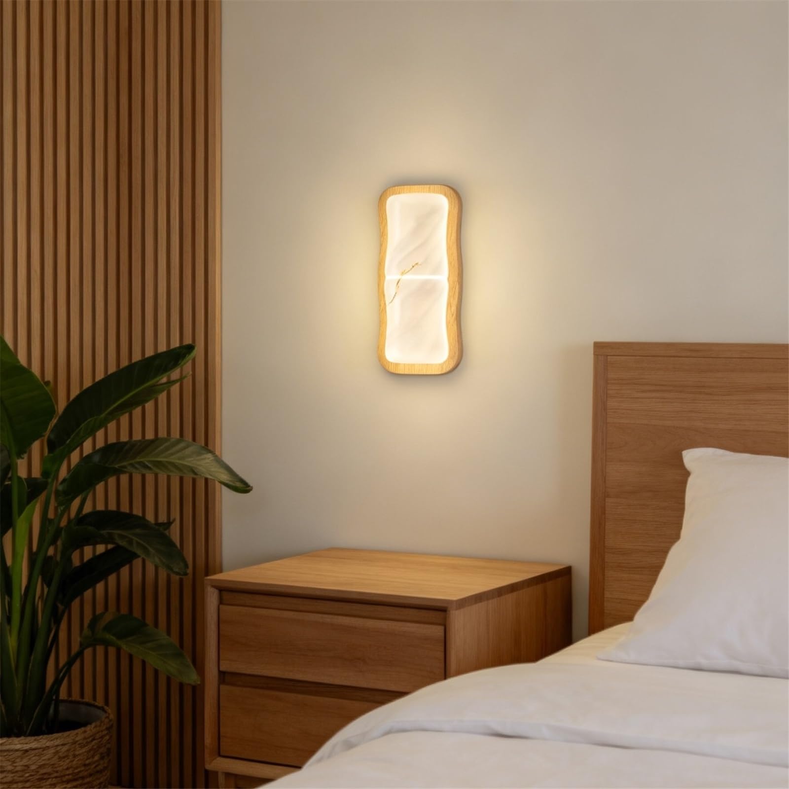 Wood Frame Wall Sconce, PE Shade LED Lamp Bagno