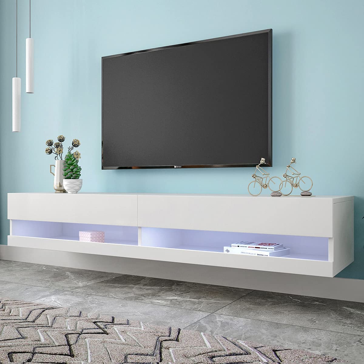 OKMYHOME Meuble TV Suspendu avec LED, 140 cm, Blanc, pour TV 50–60 Pouces | Meuble télé de salon, charge maximale 30 kg, effet marbre, MDF, rangement fermé, niches ouvertes, P 40 × H 30,5 cm