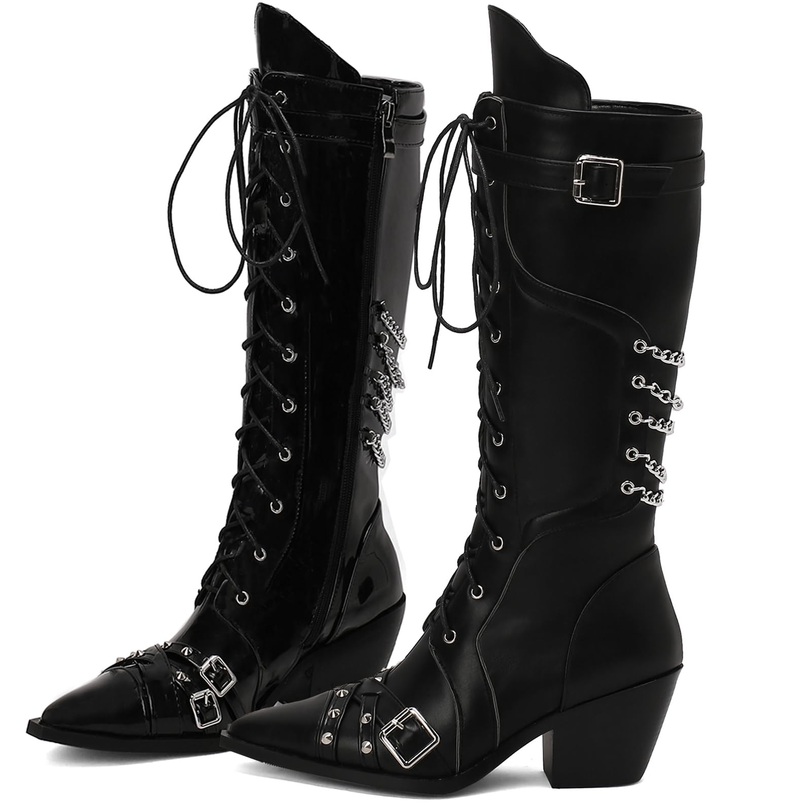 ElegaStep Women Goth Cowboy boots Gothic Steam Punk Boots Knee High Buckles Rrivets Witch Boots Pirate Vintage Block Rave Western Boots