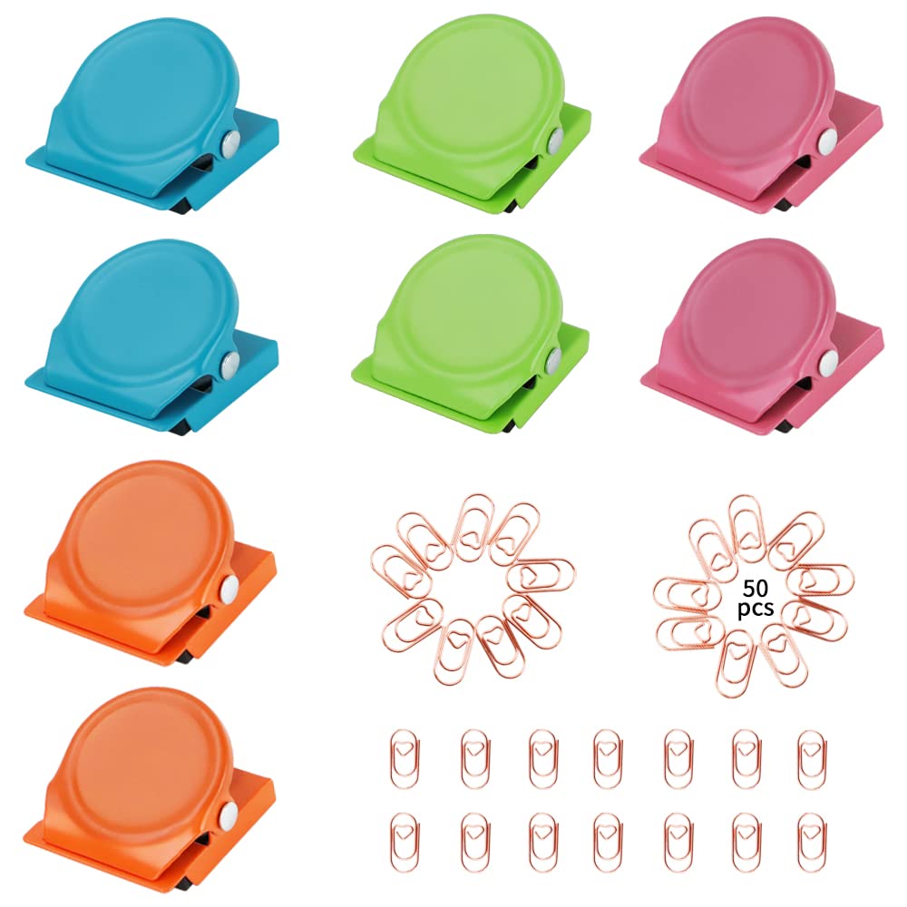 Whiteboard Clips,8PCS Magnetic Metal Clips+50PCS Mini Paper Clips,Strong Sturdy Lovely Colored for Fridge Whiteboard Wall Pictures Documents，Memo Bookmark Paper Magnets Clips for Home Office School