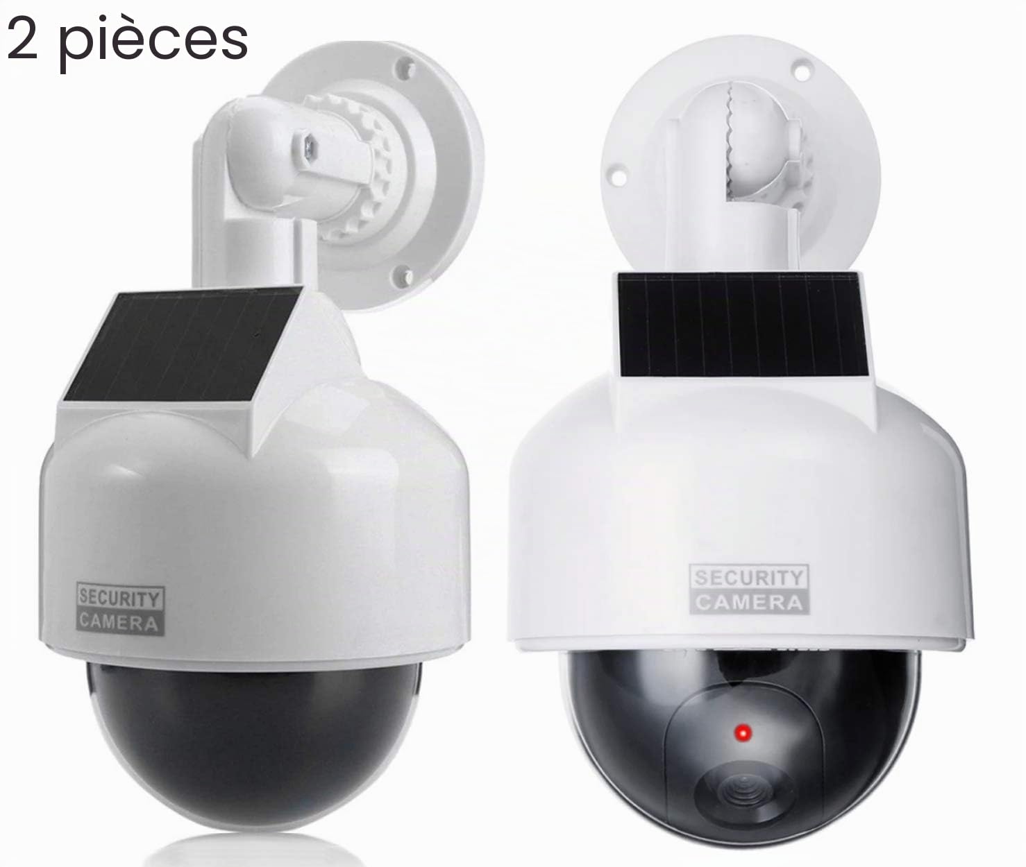O&W Security Lot de 2 caméras factice de Surveillance solaires Professionnelles Speed Dome - avec Objectif, câble et LED Clignotantes