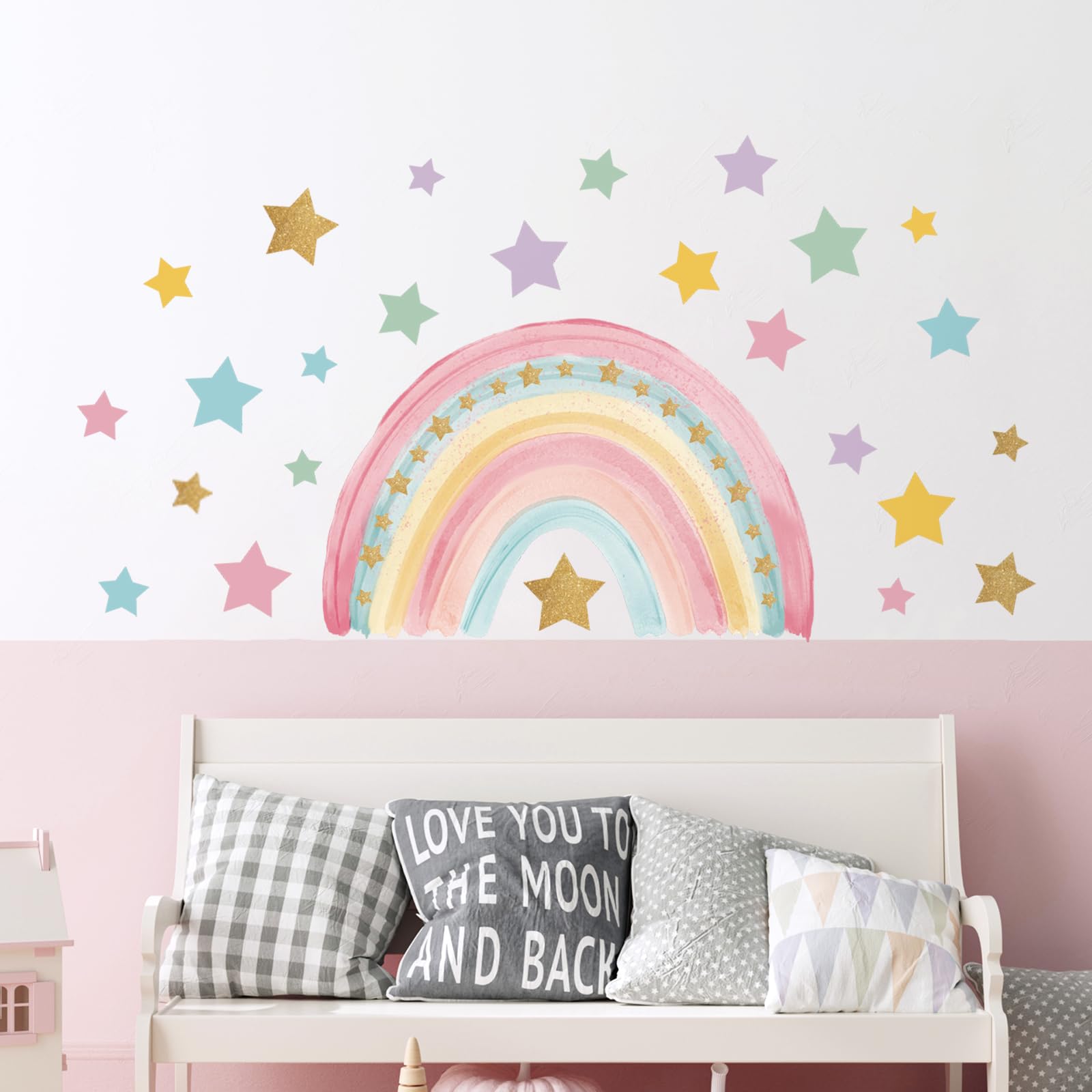 Tanlaby Large Rainbow Wall Stickers Boho Rainbow Wall Decal Colorful Stars Vinyl Wall Art Sticker for Girls' Room Kids Baby Nursery Bedroom Living Room Playroom Classroom Wall Decor - Image 3