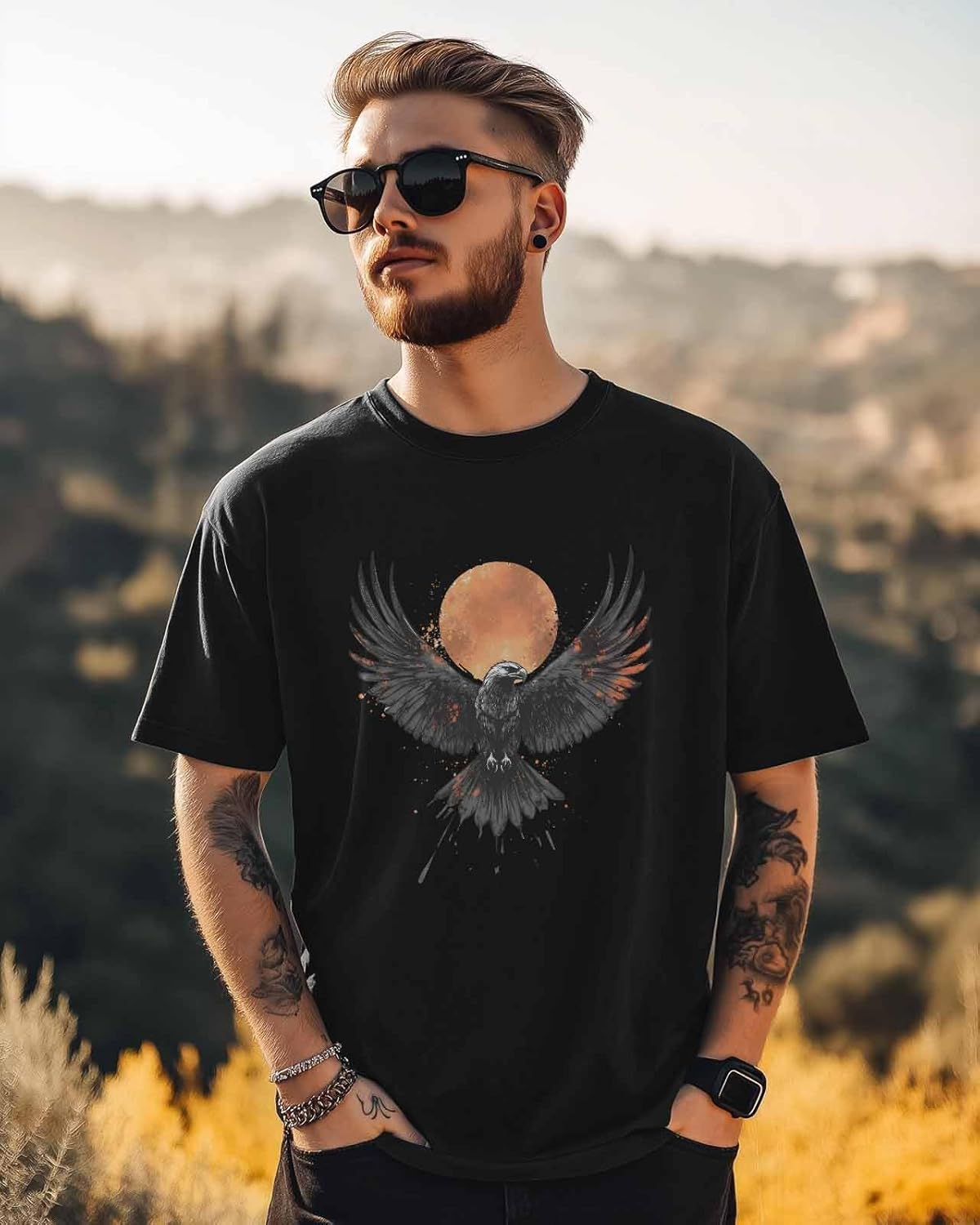 Eagle Men's Graphic T-Shirt, Casual Short Sleeve Men's Printed Tee, Sunset Summer Crewneck Top, Trendy Gift for Men - Image 3