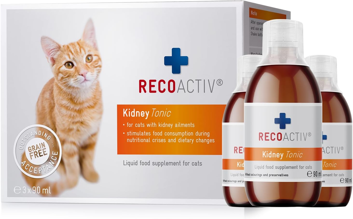RECOACTIV Kidney Tonic for cats, 3 x 90 ml, dietary food supplement for recovery from early signs of renal dysfunction in cats, and for prevention