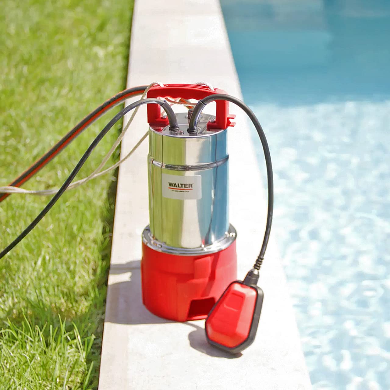 WALTER Schmutzwasserpumpe 1100 W, 20.000 L/h Fördermenge, 8 m Förderhöhe, 10 m Kabel, vielseitig einsetzbar für Keller, Teiche, Pools, verunreinigtes Wasser, mit Schlauchanschluss und Halteseil