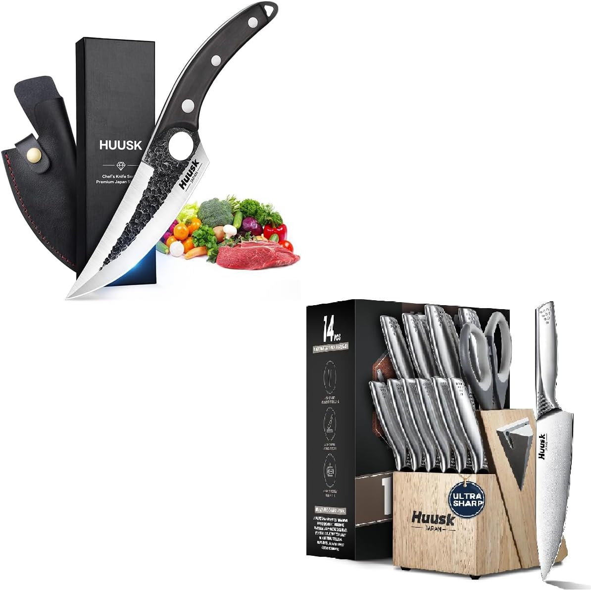 Huusk Knife Set with Block and Sharpener, Sharp Silver Professional Knives Set with Box for Kitchen, Viking Knife with Sheath Boning Knife for Meat Cutting