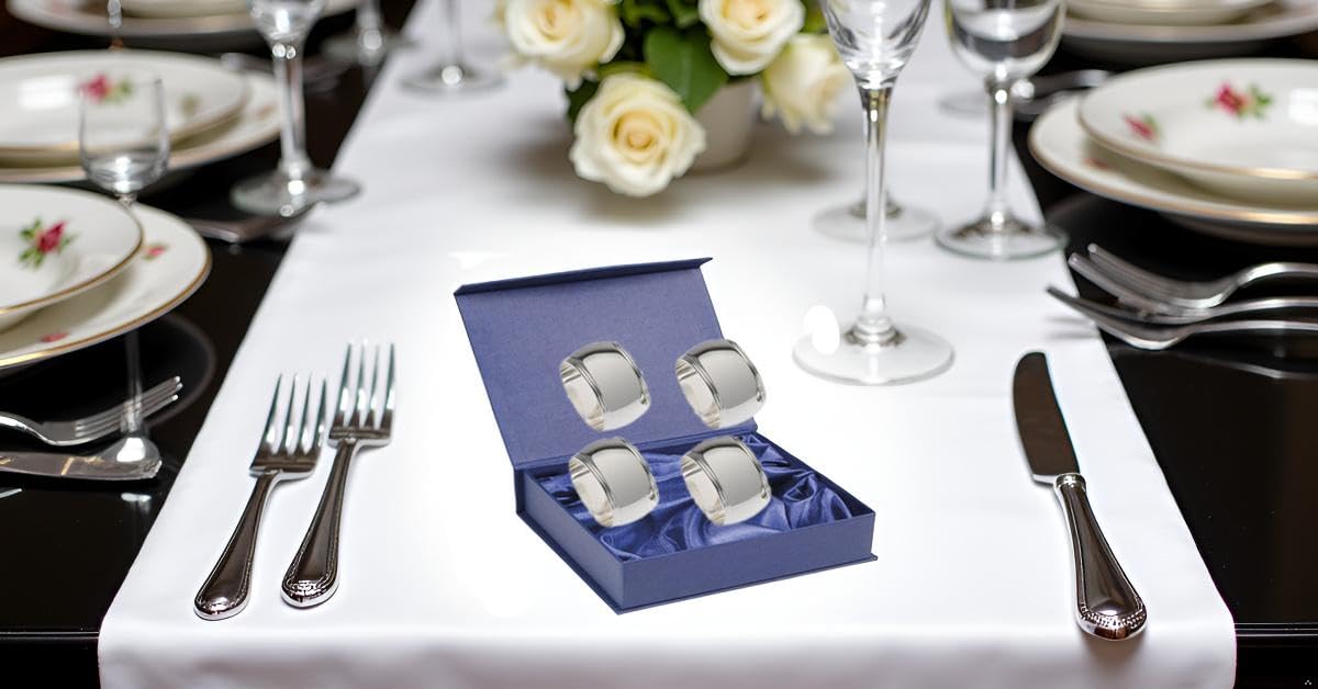 4X Serviettenringe Frankfurt, Oval 5x3 cm, Versilbert, Premium-Qualität für Stoffservietten, inkl. Geschenkverpackung