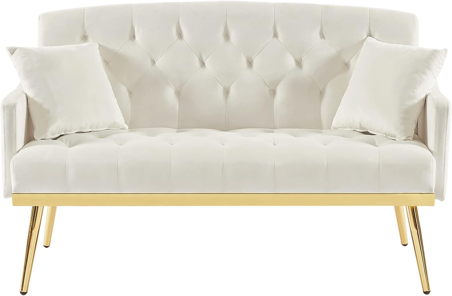Velvet Tufted Small Loveseat Sofa, Modern 2 Seater Accent Sofa Couch with Gold Metal Legs and 2 Pillows for Living Room (Cream White)