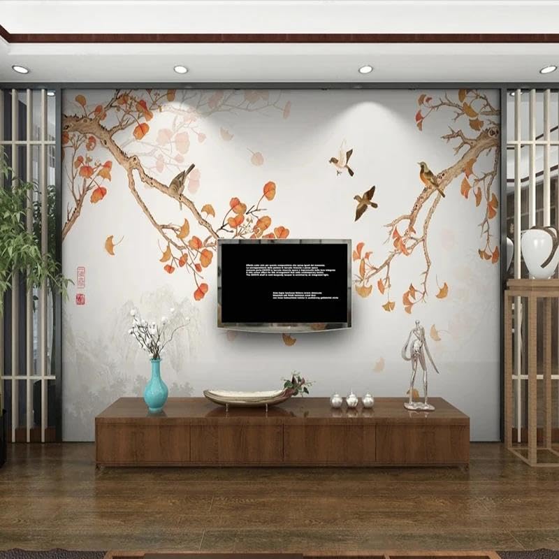 Papier peint branches oiseaux 3D décor mural salon chambre intissé