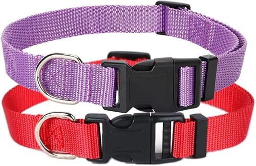 Alainzeo Paquete de 2 collares de nailon para perros, collares clásicos ajustables para perros pequeños, medianos y grandes, M (rojo, morado)