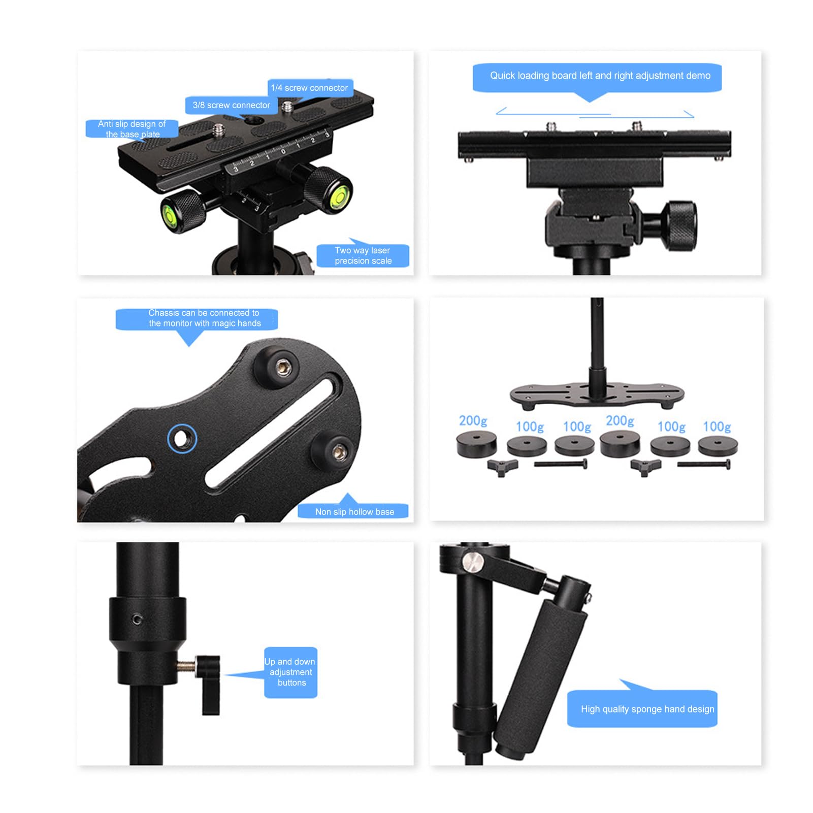 Estabilizador de Cámara de Vídeo Estabilizador Antivibración Portátil SLR Ligero de 3 Ejes para Grabación de Vídeo, Aleación de Aluminio, Extensión de 10 Cm de
