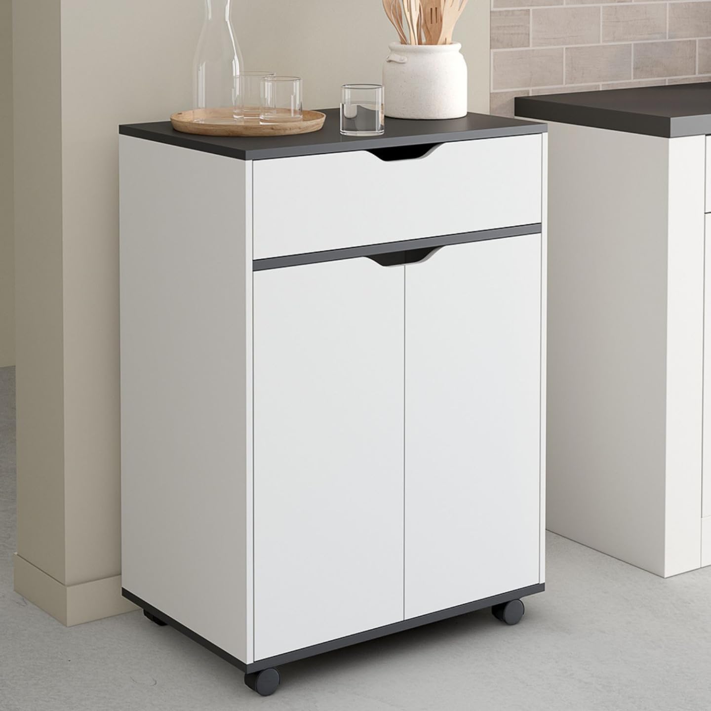 IDMarket - Desserte de cuisine COSY placard avec tiroir bois blanc et plateaux gris L.60 CM