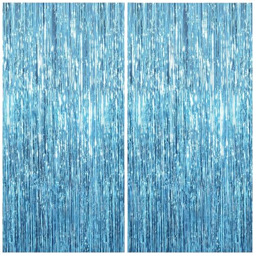 Image of KatchOn, XtraLarge, Blue Foil Fringe Curtain - 8x3.2 Feet, Pack of 2 | Blue Backdrop Curtain for Under The Sea Party Decorations | Ocean Backdrop for Mermaid Birthday Decorations