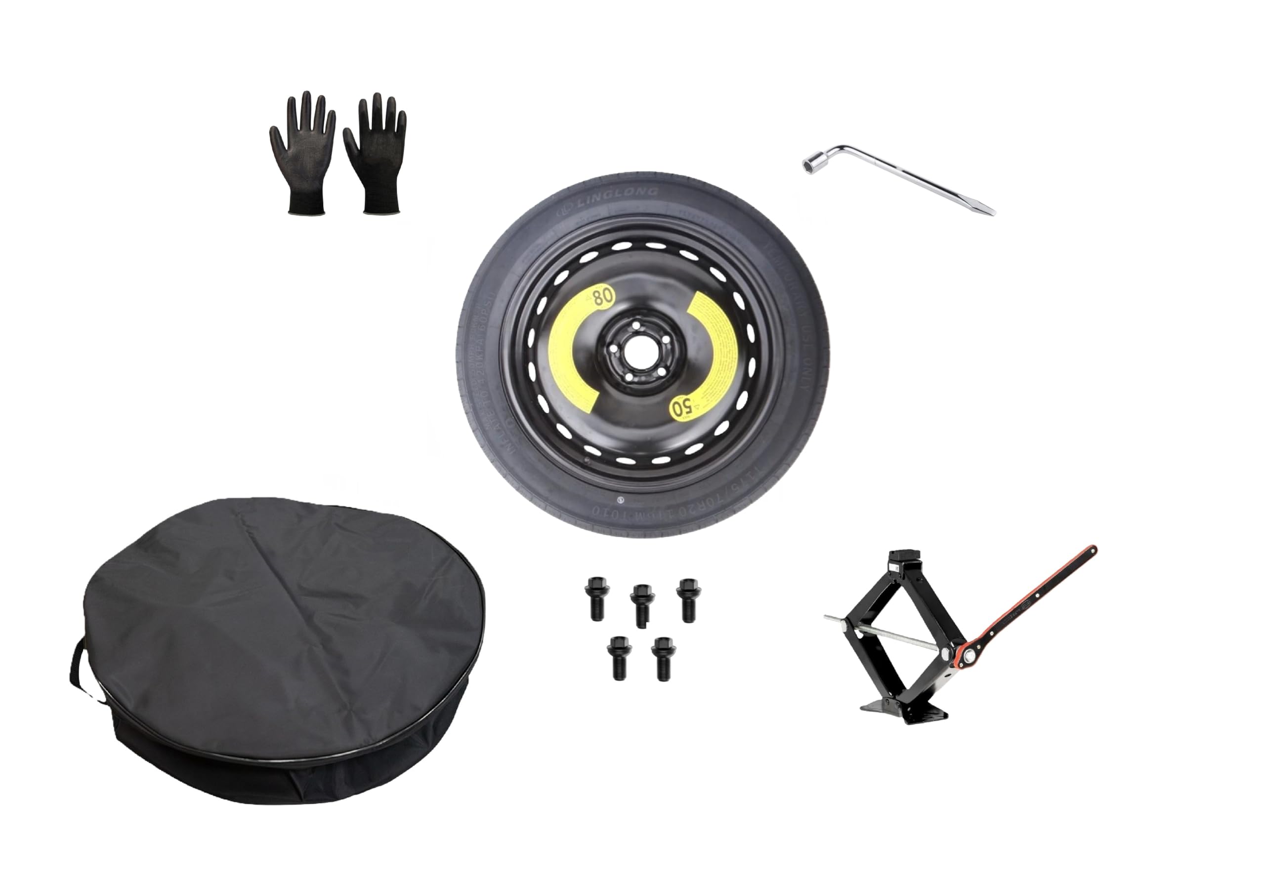 Ersatzrad-Set, Notrad, Reserverad 20 Zoll, kompatibel mit Mercedes GLE mit Wagenheber, Schlüssel, Bolzen, Handschuhe und Tasche (Größe 75 x 18 cm)
