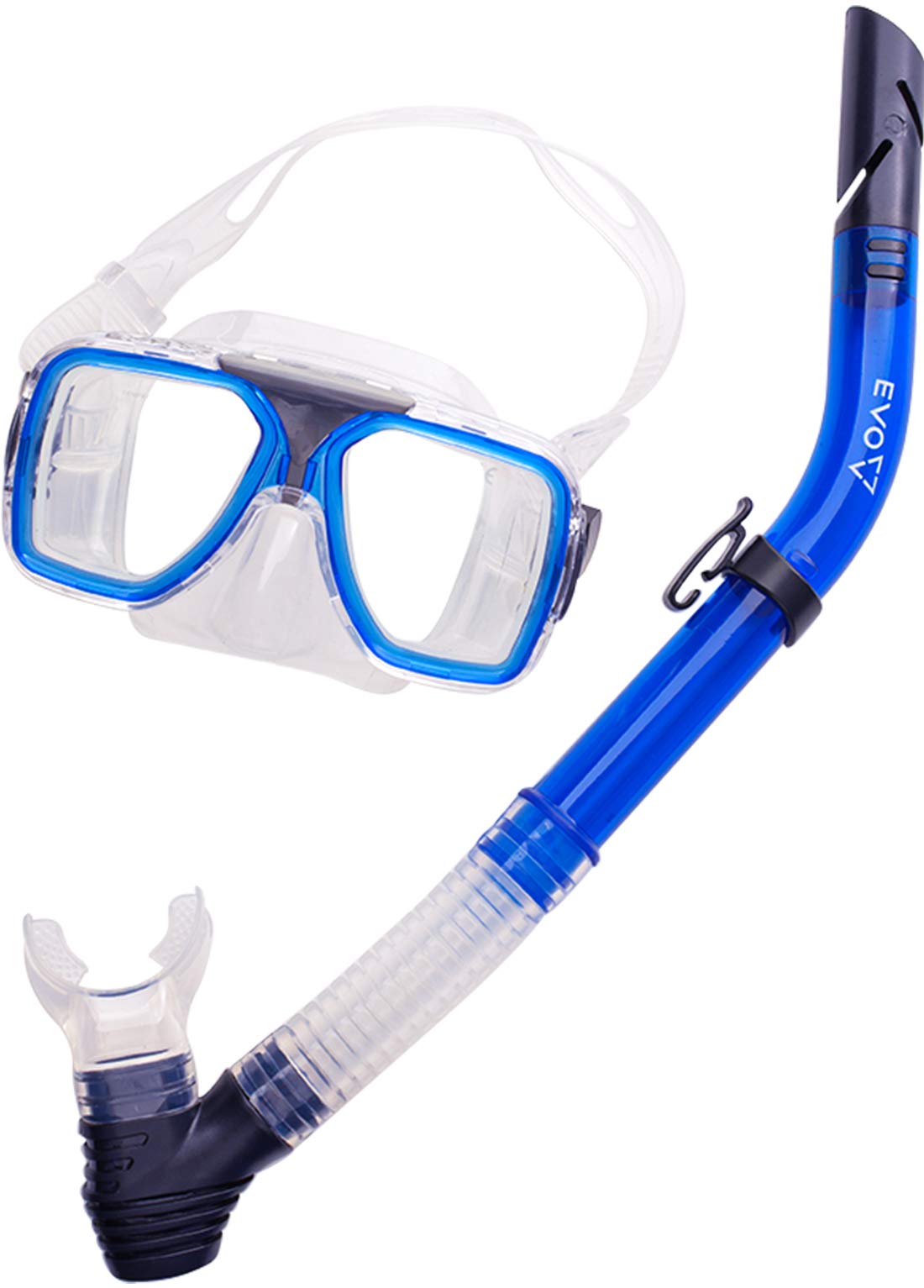 EVO Drift Dual Lens Mask and Semi-Dry Snorkel Set, Snorkel Set, Silicone Snorkeling Set for Adults, Anti-Leak Adjustable Diving Mask and Snorkel Set for Snorkeling, Diving, Swimming(Blue)