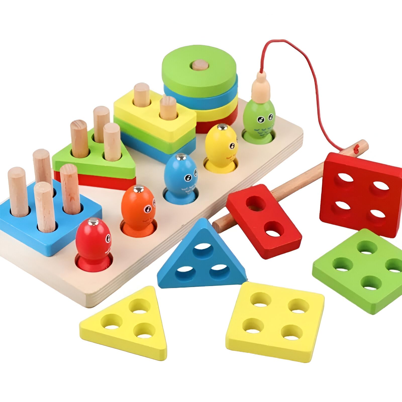 2 in 1 Wooden Blocks Puzzle Sorting and Stacking Socket Fishing Pole Game Play Set Early Education Learning Toy for Kids (4 Shape Sorter with 5 Magnetic Fish) DM-32