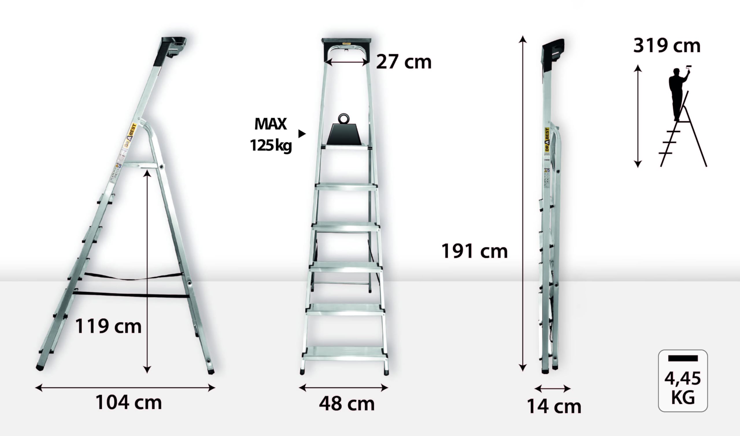 Drabest – Escalera doméstica – Escalera de Mano – 6 peldaños – Altura de Trabajo 3,19 m – Escalera de Mano Plegable de Aluminio, Carga máx. 125kg – con Plataforma de 25 x 26cm, Patas Antideslizantes