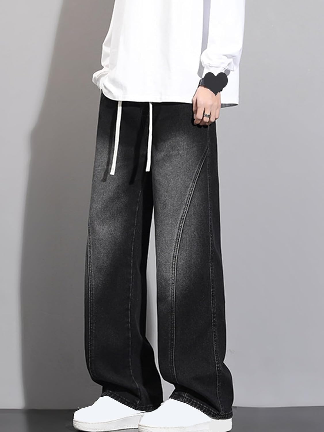 [lsjdln] ジーンズ ワイド ストレート デニム パンツ ウォッシュ ビッグシルエット ヴィンテージ ジーパン メンズ ロング