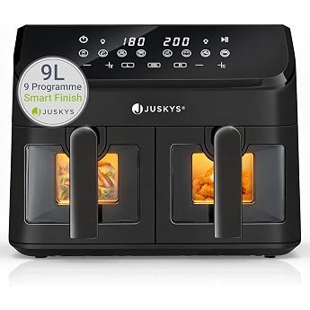 Juskys&reg; Airfryer 9 L Double Chamber - Hot Air Fryer 2 Chambers, 9 Programmes, Coated, XXL Fryer