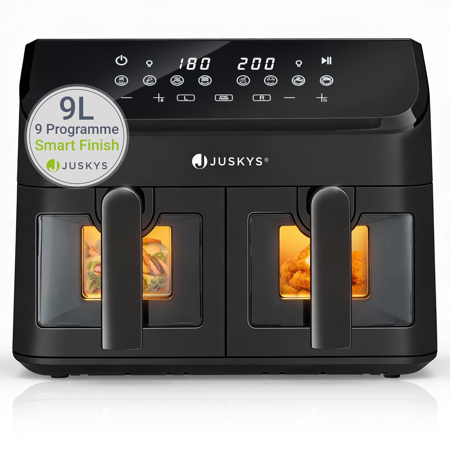 Juskys® Airfryer 9 L Doppelkammer - Heißluftfritteuse 2 Kammern, 9 Programme, beschichtet, XXL Fritteuse