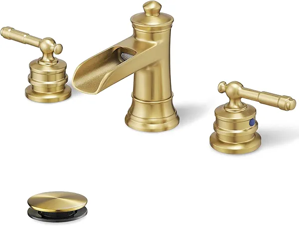 HOIGY Gold Bathroom Faucet Waterfall, Brass 4-16 Inch Bathroom Faucets 3 Hole, Widespread Faucet for Bathroom Sink 2 Handles Bathroom Sink Faucet with Water Hoses & Pop-Up Drain for Farmhouse Vintage