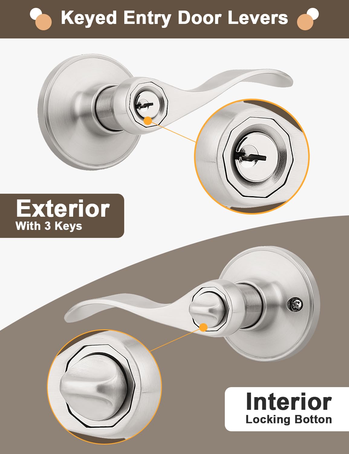 gobrico Wave mango llave cerradura para puerta de entrada pomo, níquel satinado, bronce aceitado