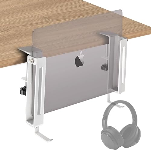 IFCASE Soporte para computadora portátil debajo del escritorio, soporte de almacenamiento lateral ajustable con gancho para auriculares que ahorra