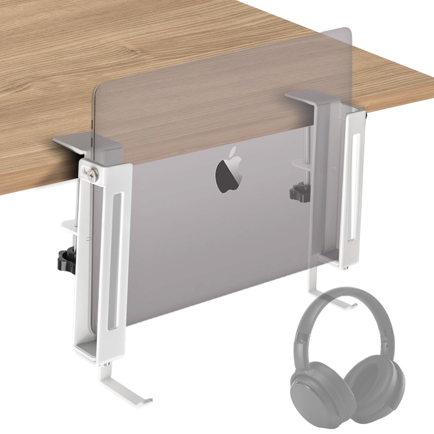 IFCASE Adjustable Desk Side Laptop Mount Holder with Headphone Hook, No Drill Desk Storage Organizer (White)