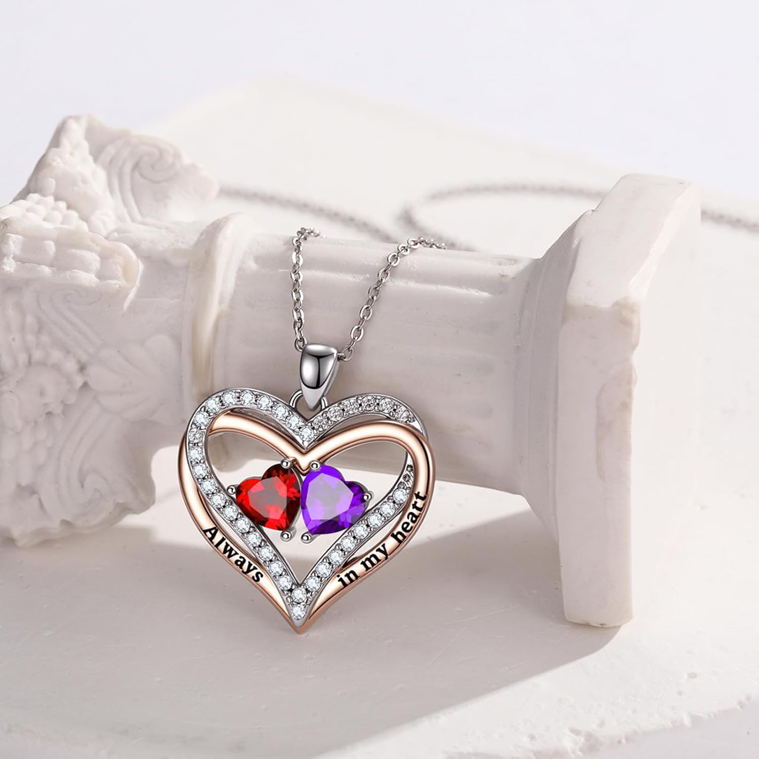 Heart Birthstone Necklace for Women 14K Rose Gold/White Gold Filled Overlapping Double Hearts Pendant Anniversary Valentine's Day Birthday Mother's Day Christmas Gifts for Wife Mom Daughter Her - Image 4