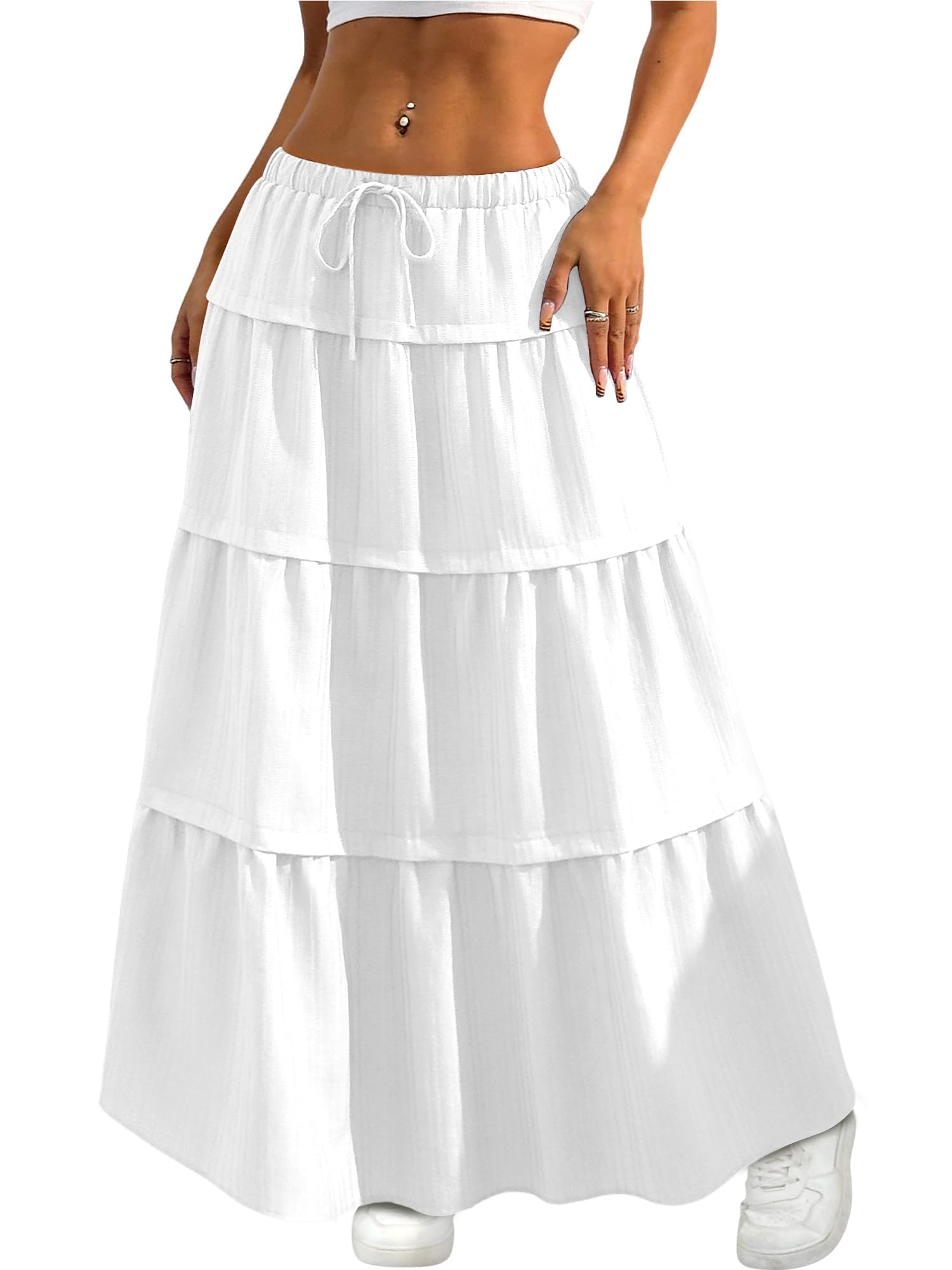 Anbech Women Maxi Skirt Summer Boho Layered A-Line High Waist Beach Flowy Long Skirts with Pockets