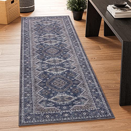 Rugland 2'6x8' Runner - Stain Resistant Entryway Rug, Anti Slip Backing Hallway Runner Rug, Vintage Tribal Area Rugs (TPR07-Navy, 2'6x8')