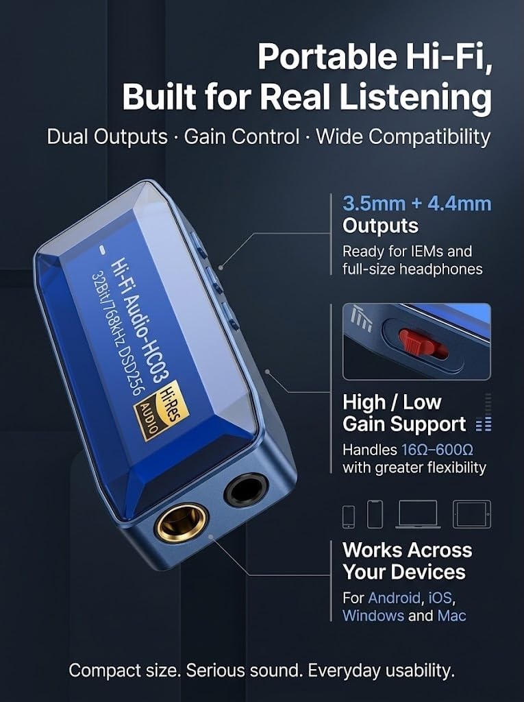 USB C DAC Headphone Amplifier, CS43198 HiFi Dongle with 3.5mm & 4.4mm Outputs, 32Bit/768kHz DSD256, Portable Amp for IEMs, Wired Earphones, Laptops and PCs, Blue