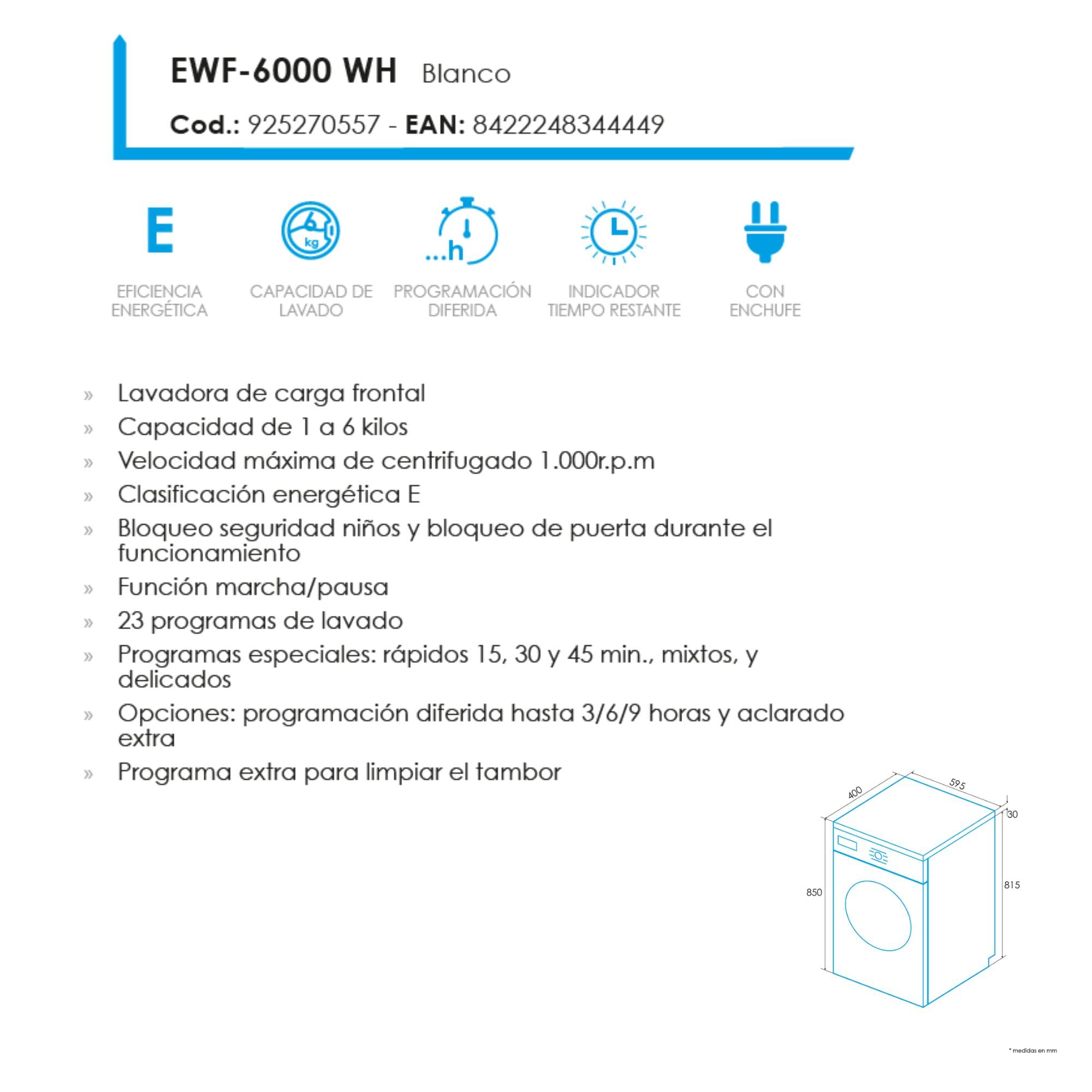 Edesa Lavadora Libre Instalación EWF-6000 WH 6 KG con Carga Frontal, 23 Programas de Lavado, Tecnología LED, 1000 RPM, Acabado en Blanco