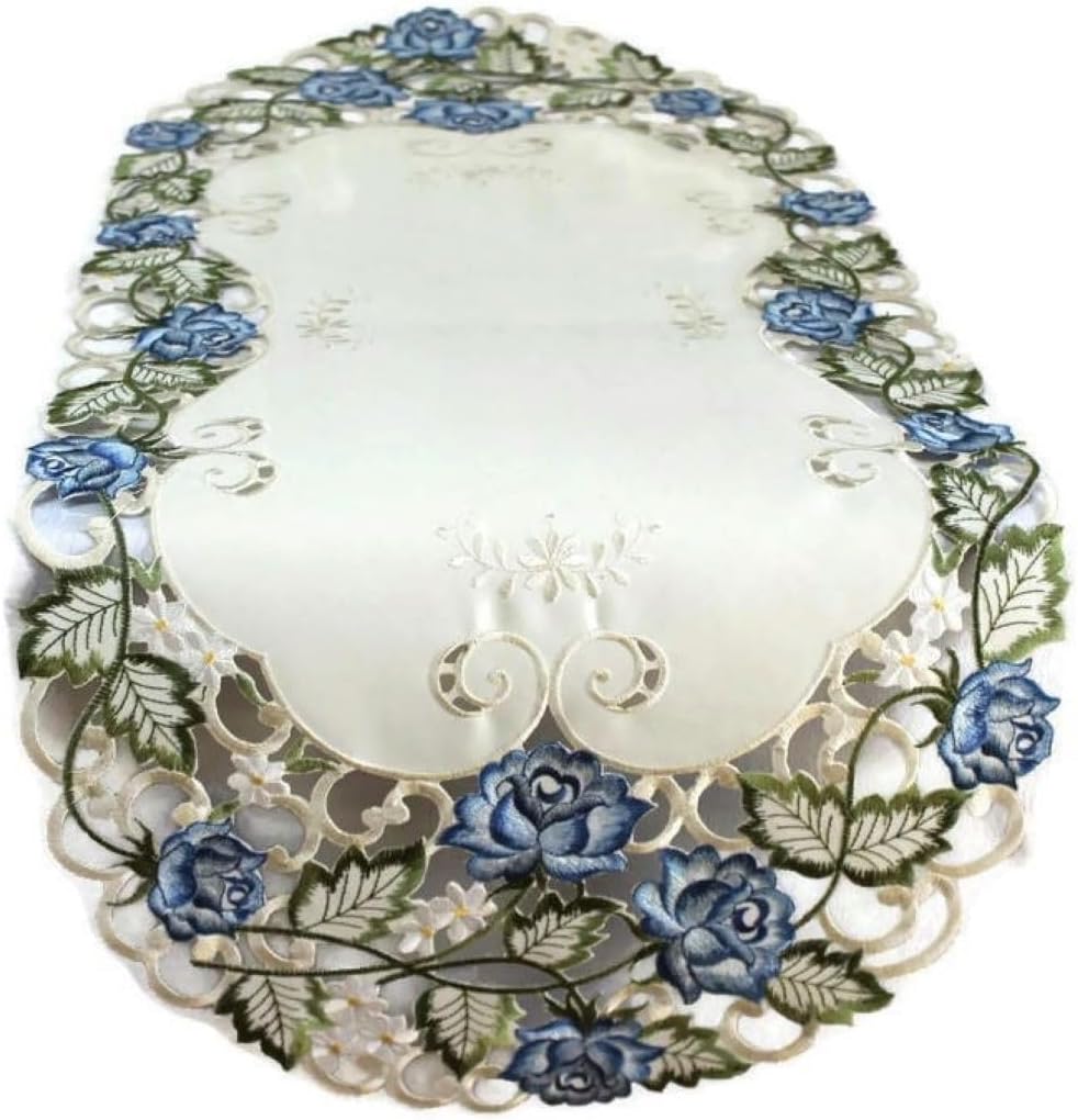 Table Runner Embroidered with Victorian Blue Roses on Ivory Material, Size 34 x 15 inches